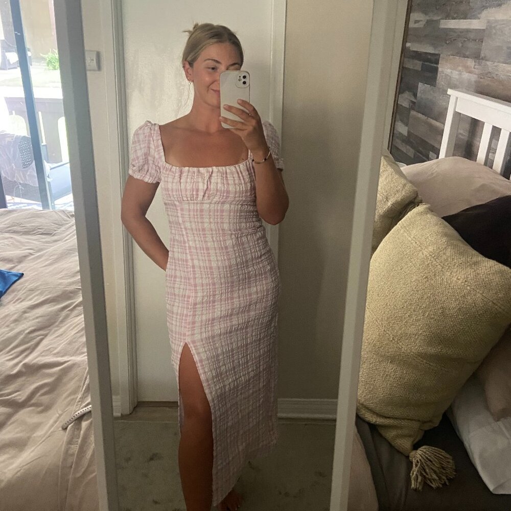 ZARA Textured Plaid Midi Dress with Side Slit in Pink / White